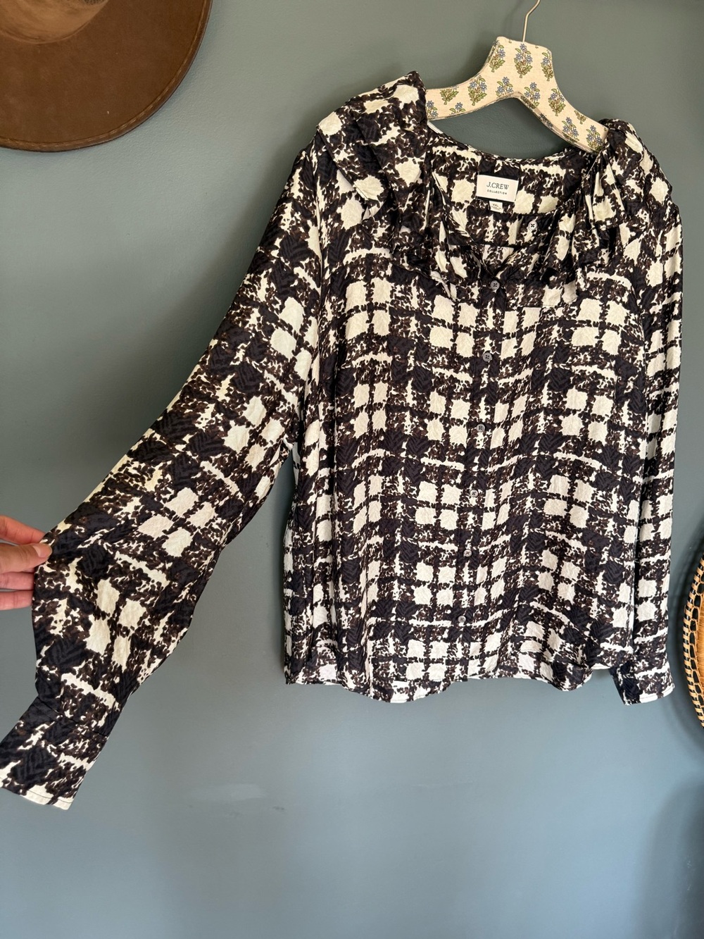 J. Crew silk ruffle collar plaid twill Long-Sleeve Blouse sz XXL